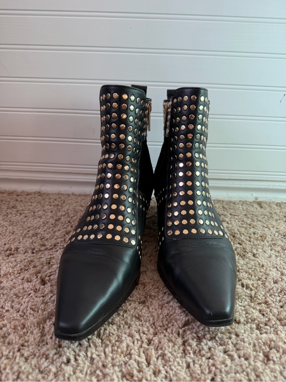 CECELIA NEW YORK Black Studded Pointed Ankle Booties with Gold Accents